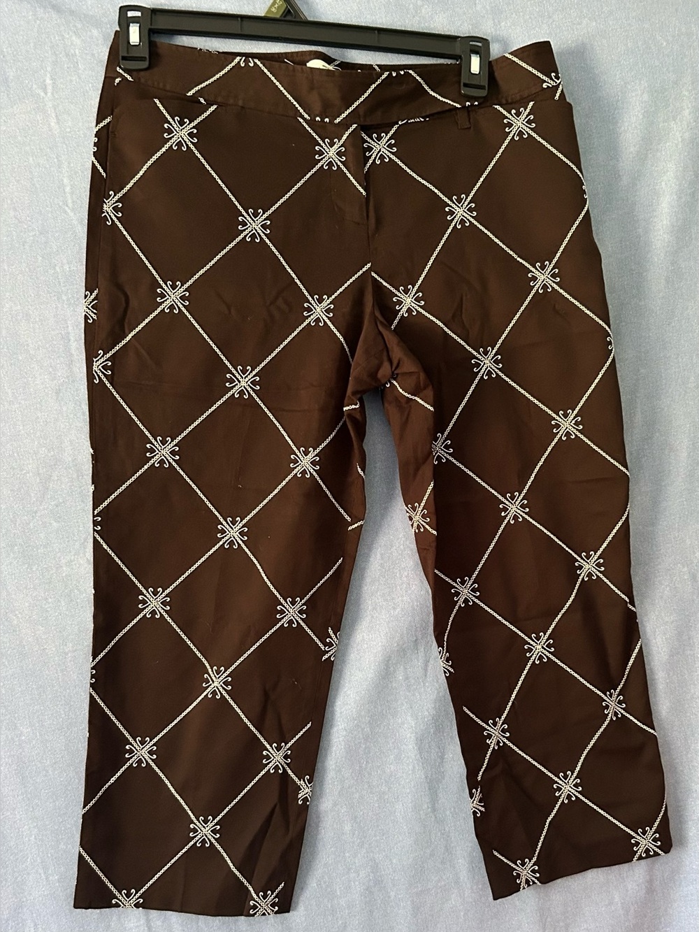 LOFT Cropped Brown Pants with White Lattice Pattern SZ 10